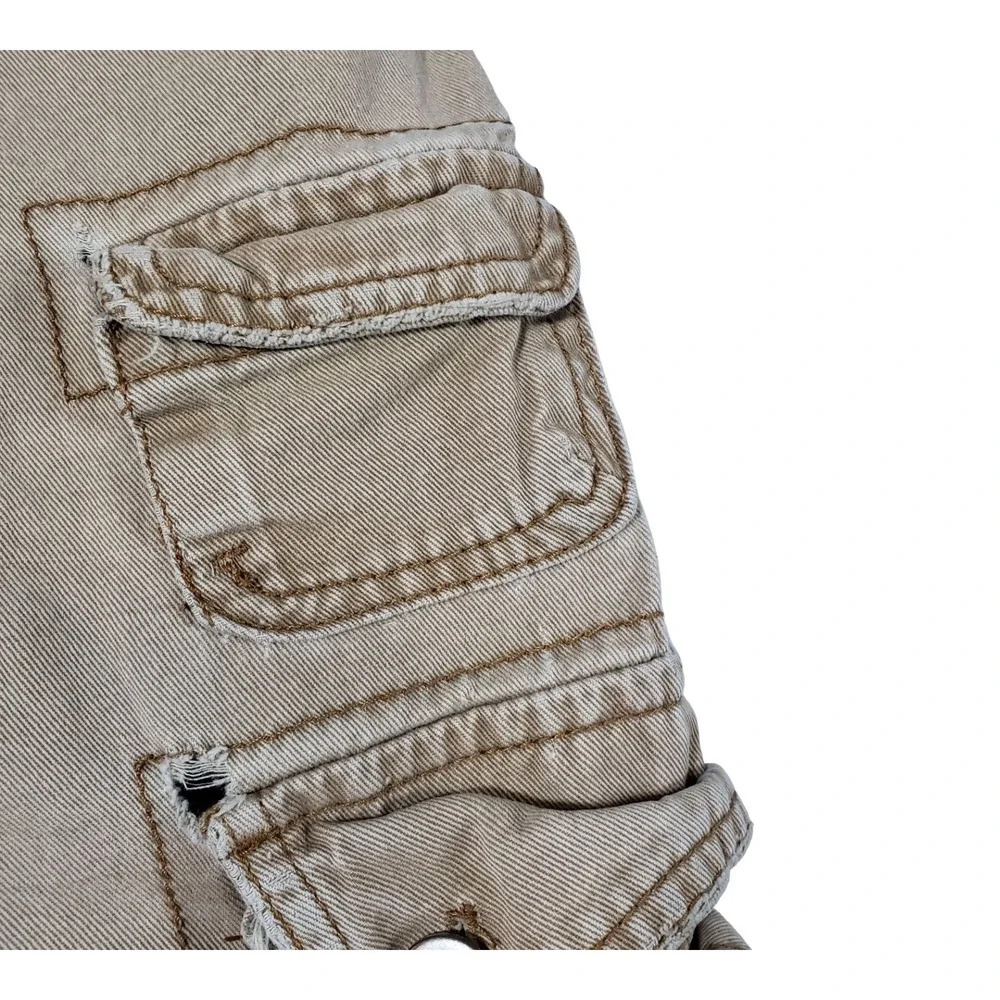 Pluggo Mens Khaki Tan Y2k Cargo Shorts Size 30 Distressed Raw Hem Cotton Utility